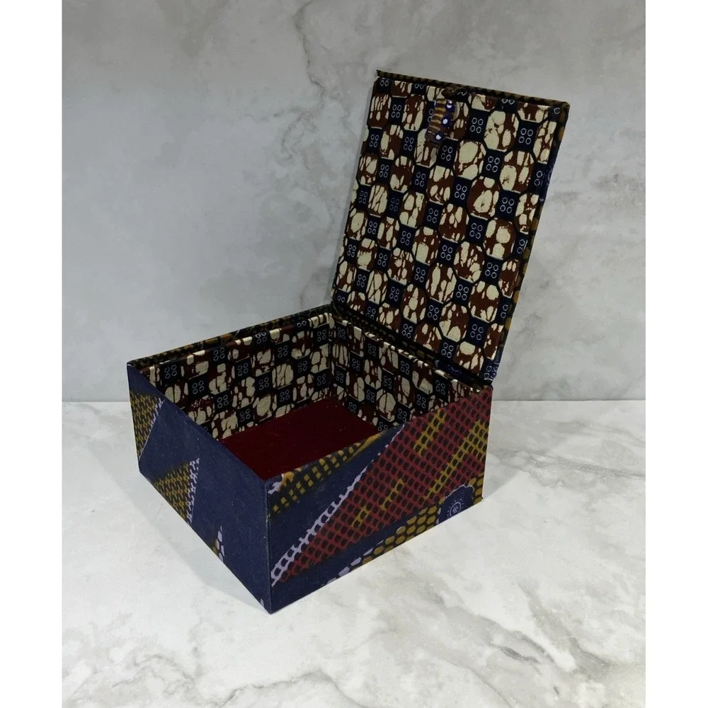 Fabric Keepsake Gift Box Geometric Boho Print Purple Red Gold Velour Lining  6